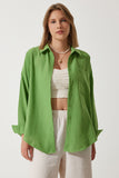 Koyu Çağla Yeşili Oversize Keten Ayrobin Gömlek DD01222