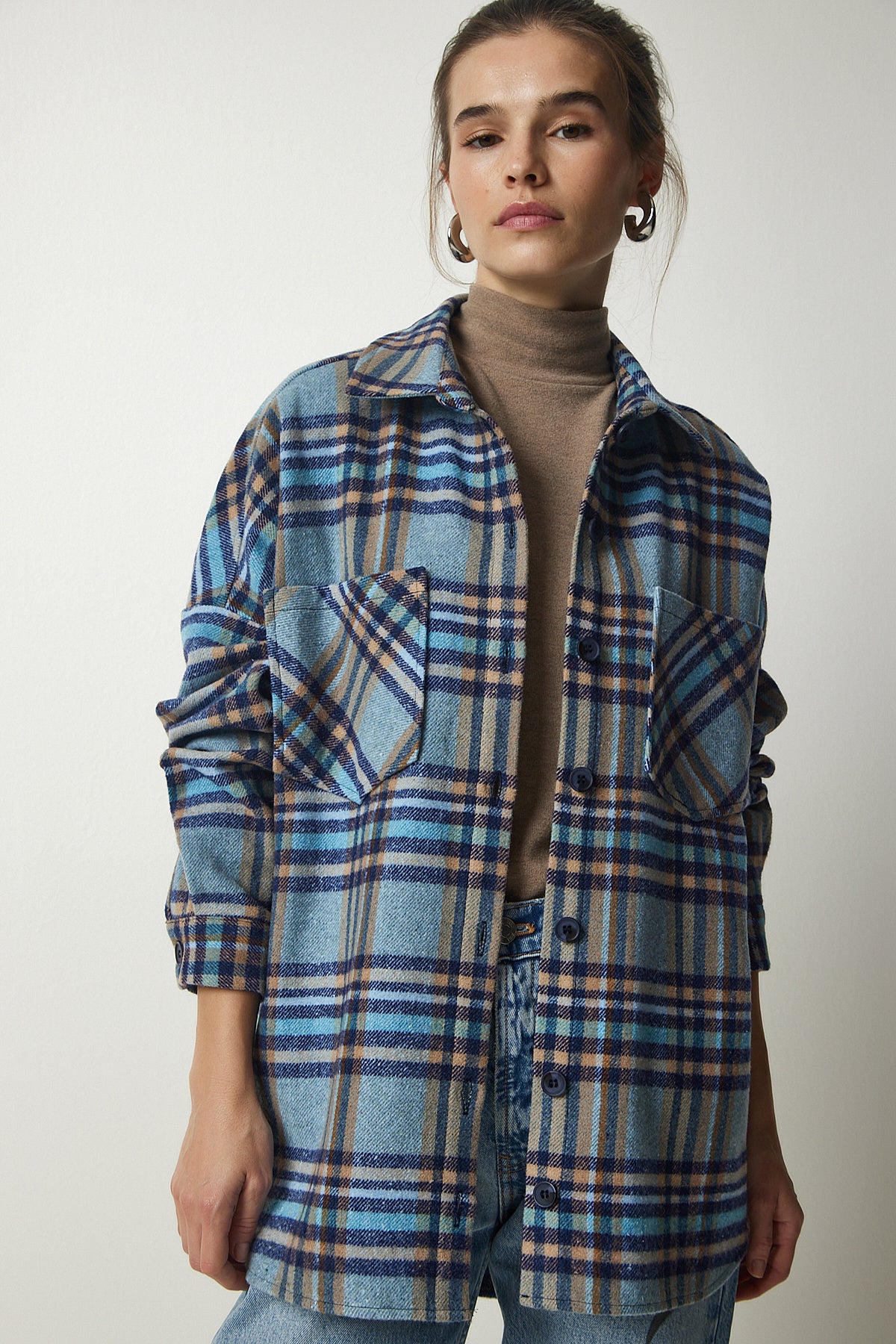 Açık Mavi Desenli Oversize Kaşe Oduncu Gömlek TU00034