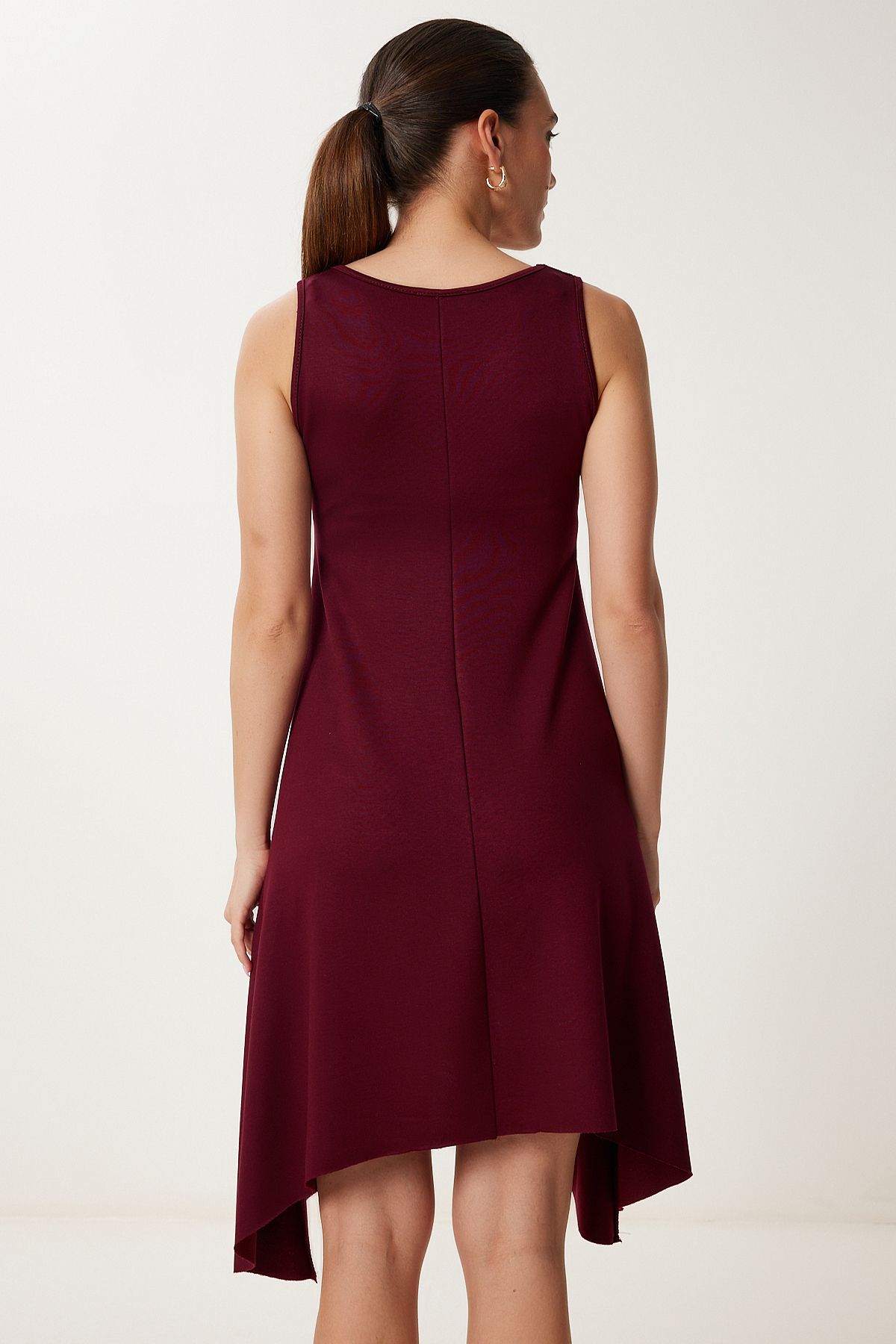 Bordo Asimetrik Kesim Yazlık Örme Elbise ZV00304