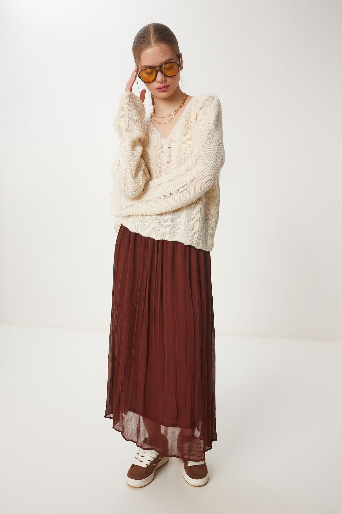 Krem Yırtık Detaylı Oversize Triko Kazak Kİ00105