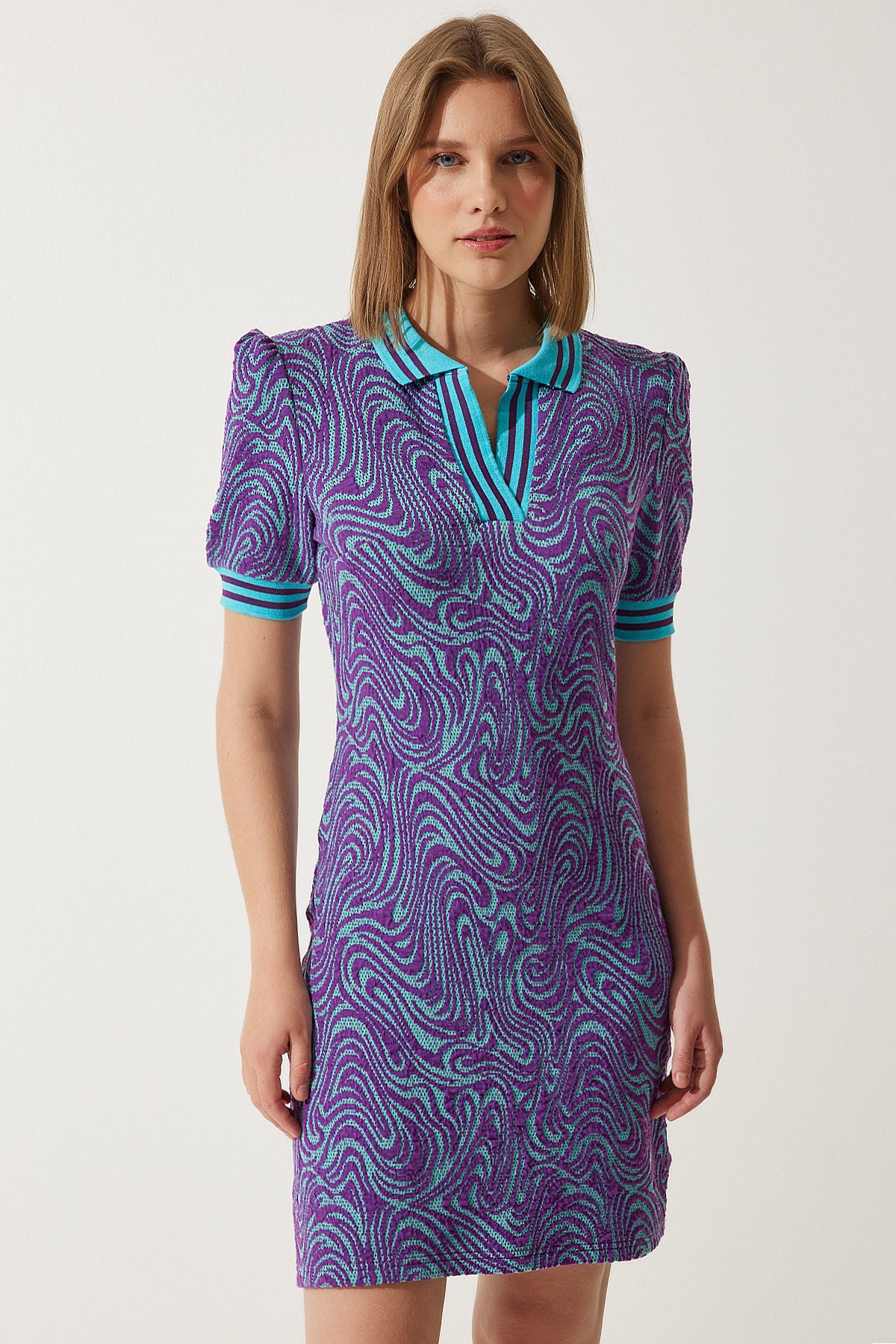 Mor Desenli Polo Yaka Triko Elbise NV00069