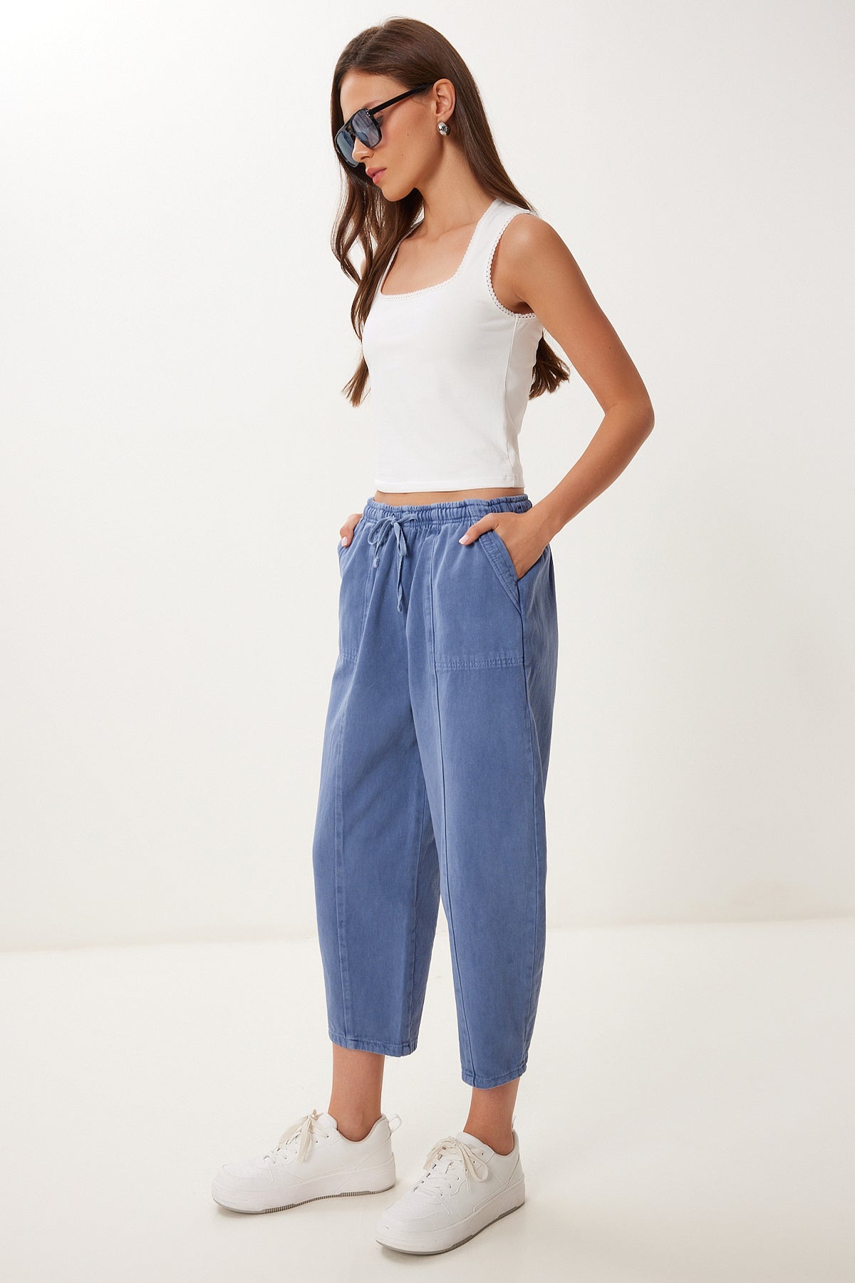 İndigo Mavi Capri Rahat Gabardin Pantolon GP00019