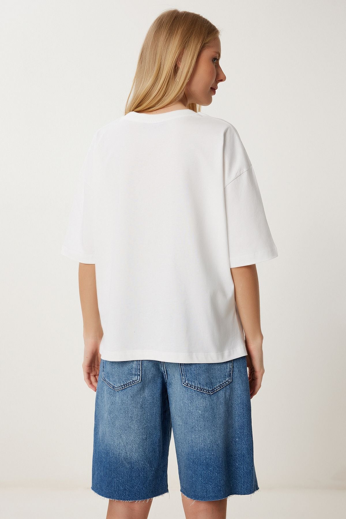 Ekru Baskılı Pamuklu Oversize Örme T-Shirt YY00238
