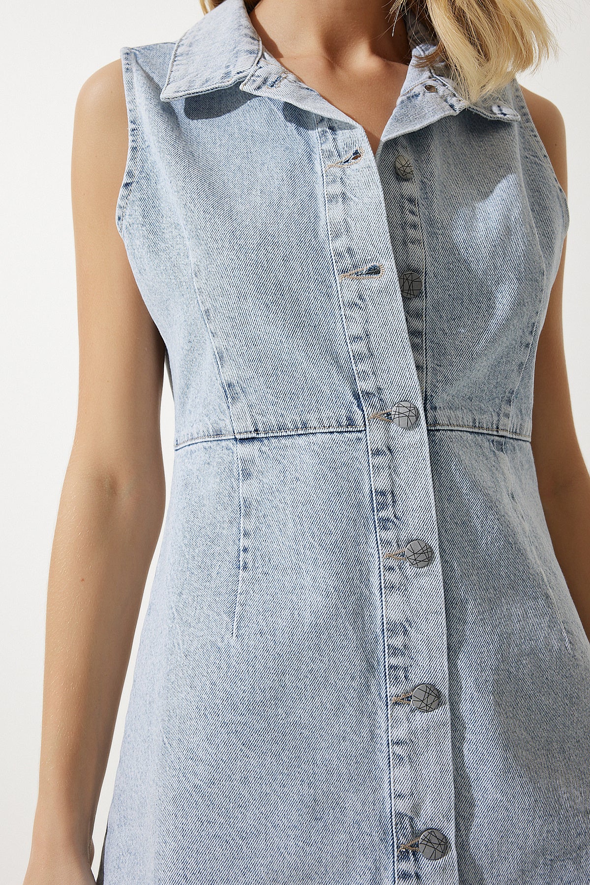 Buz Mavi Kolsuz Mini Denim Elbise AN00185