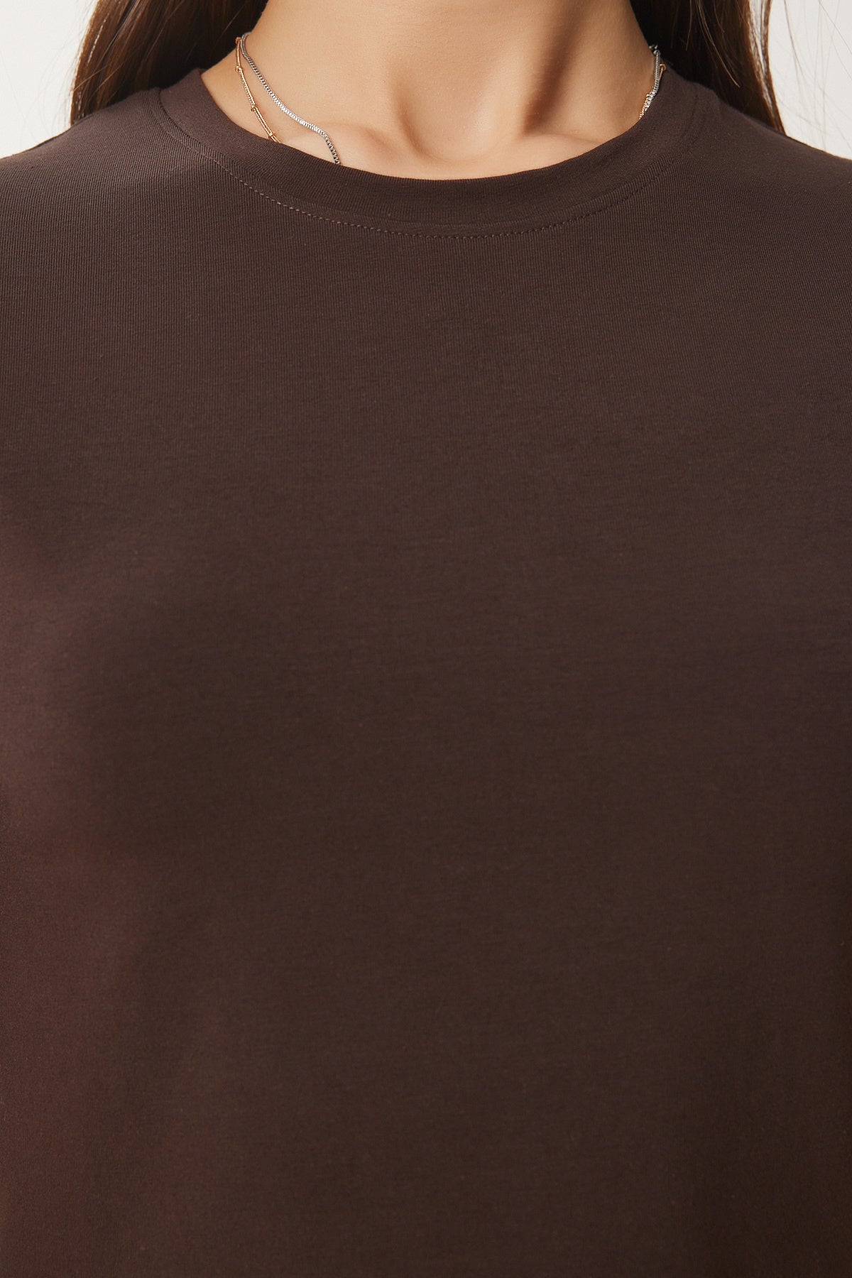 Kahverengi Bisiklet Yaka Crop T-Shirt UB00064