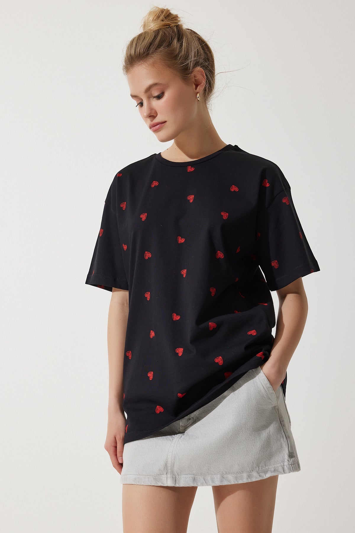 Siyah Kalpli %100 Pamuk Oversize Uzun Örme T-Shirt NJ00148