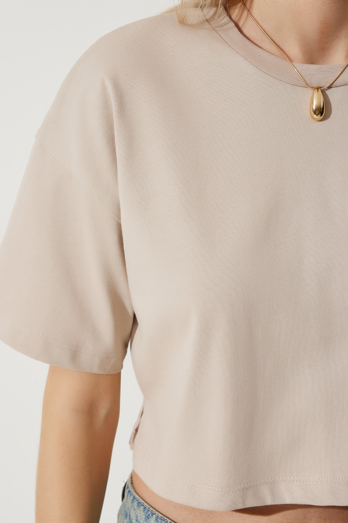 Bej %100 Pamuk Oversize Crop Örme T-Shirt BP00164