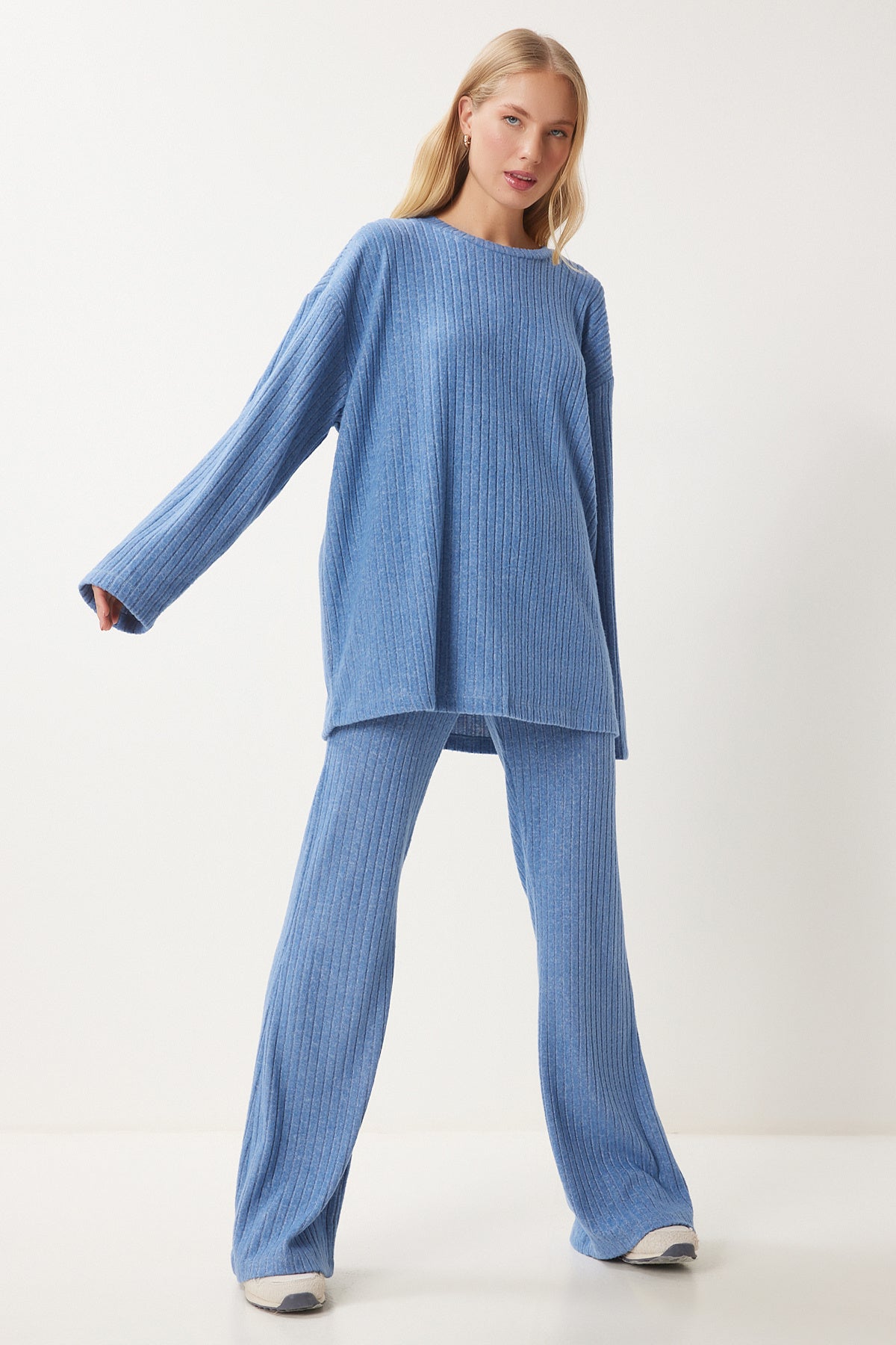 Mavi Rahat Fitilli Örme Bluz Pantolon Takım RG00047