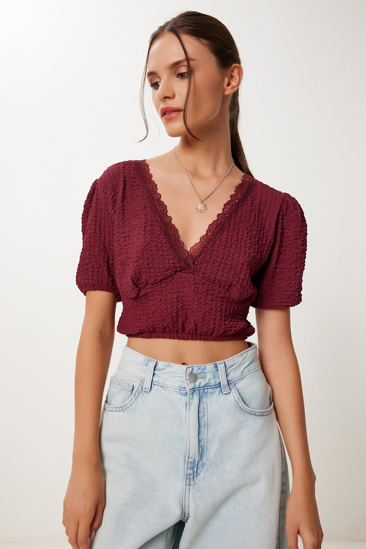 Bordo Balon Kollu Crop Örme Bluz ZV00278