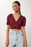 Bordo Balon Kollu Crop Örme Bluz ZV00278