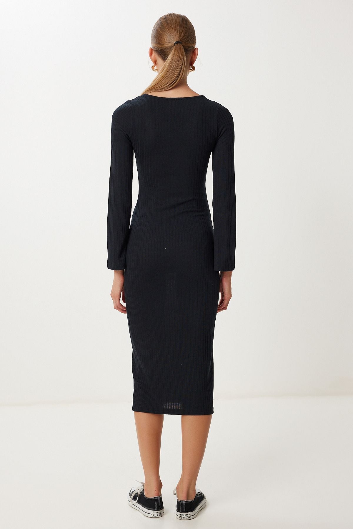Siyah Basic Esnek Fitilli Örme Elbise UB00468