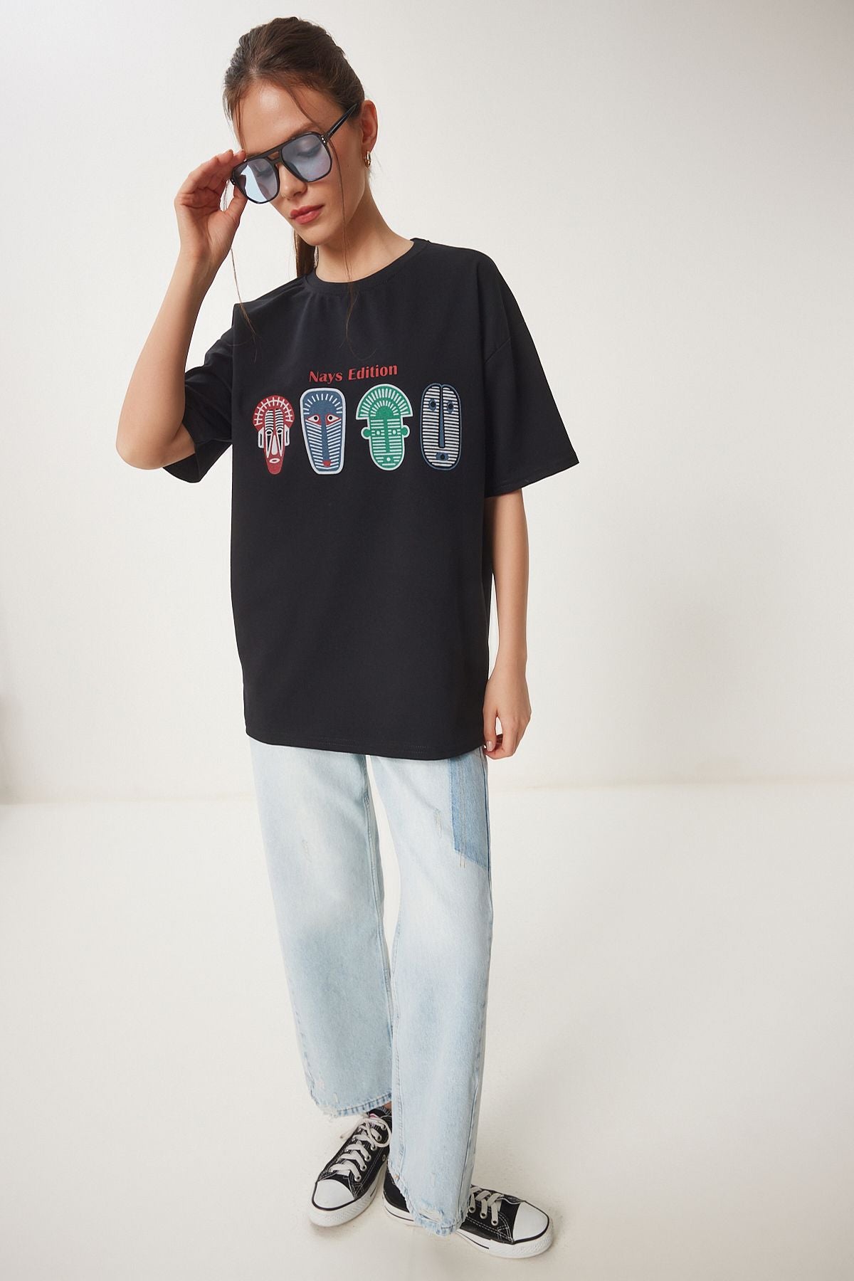 Siyah Oversize Baskılı Örme T-Shirt ZV00279