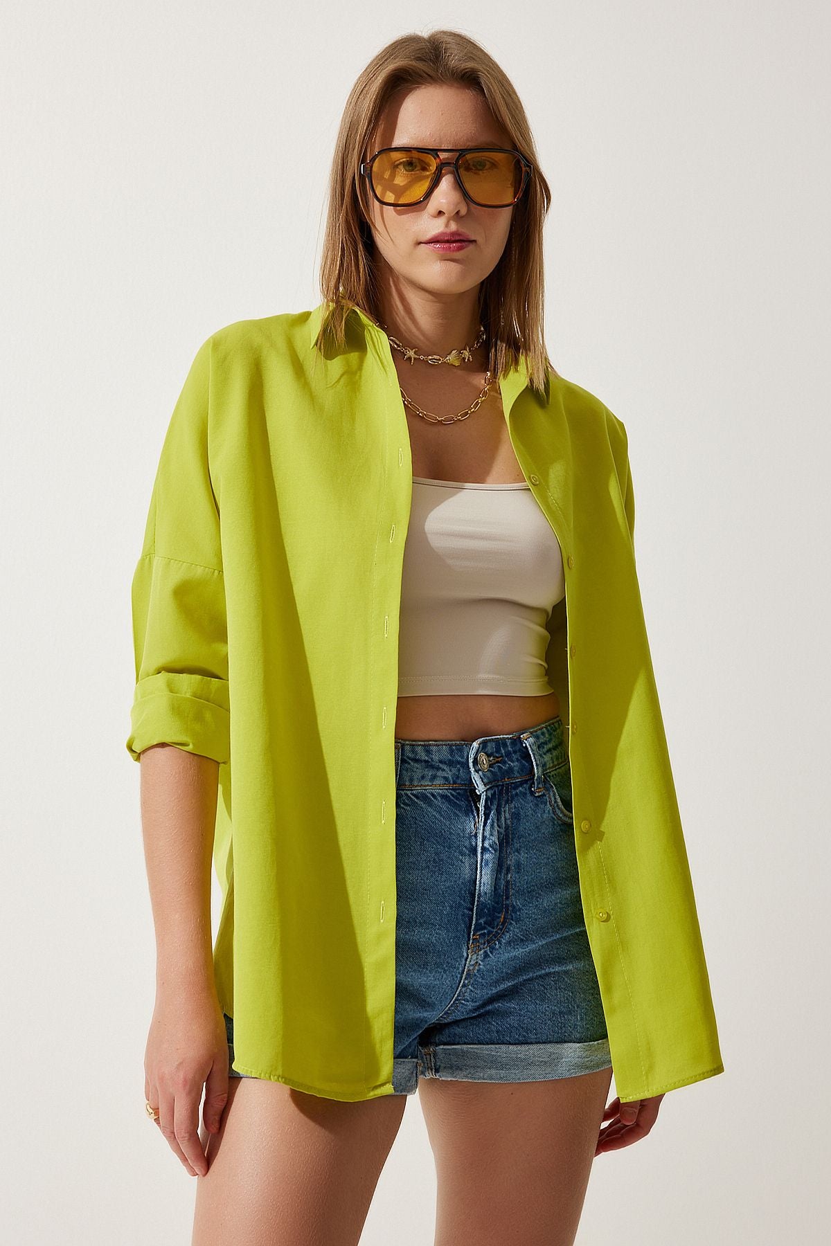 Yağ Yeşili Oversize Uzun Basic Gömlek  DD00842