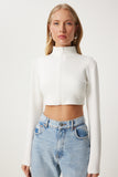 Ekru Fermuarlı Crop Scuba Ceket NJ00161