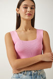 Pembe Kare Yaka Triko Crop Bluz US00358