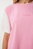 Pembe Kontrast Renkli Pamuklu Örme T-Shirt CR00459