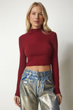 Bordo Dik Yaka Fitilli Kaşkorse Crop Bluz ub00165