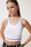 Beyaz Şeritli Crop Tok Örme Bluz US00945