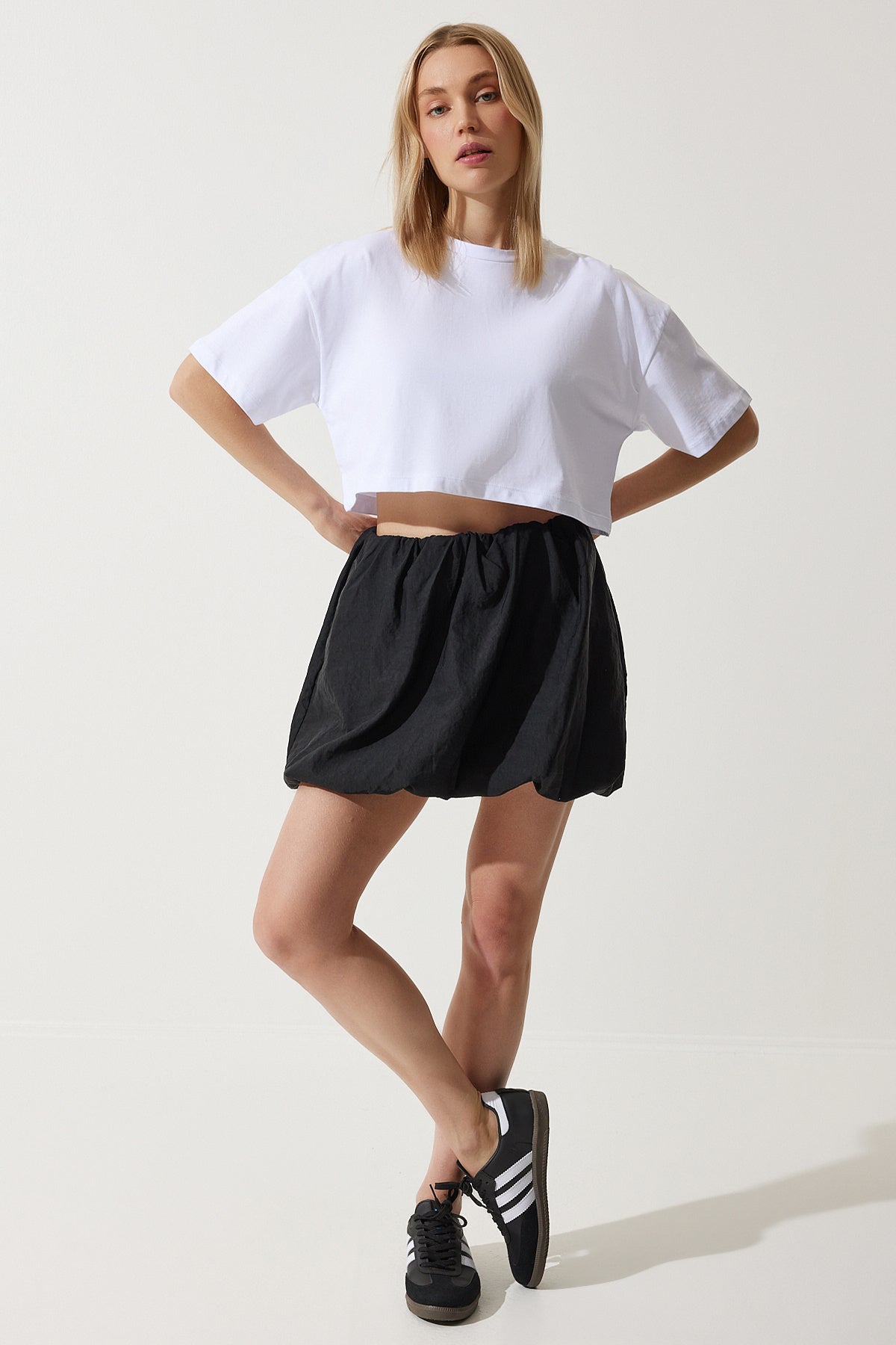 Beyaz %100 Pamuk Oversize Crop Örme T-Shirt BP00164
