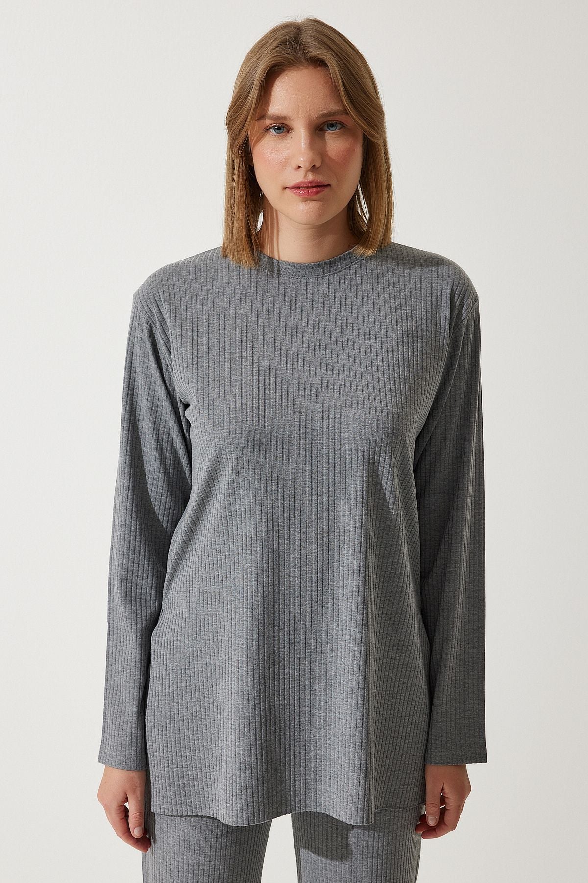 Gri Fitilli Örme Bluz Pantolon Takım KH00088