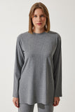 Gri Fitilli Örme Bluz Pantolon Takım KH00088