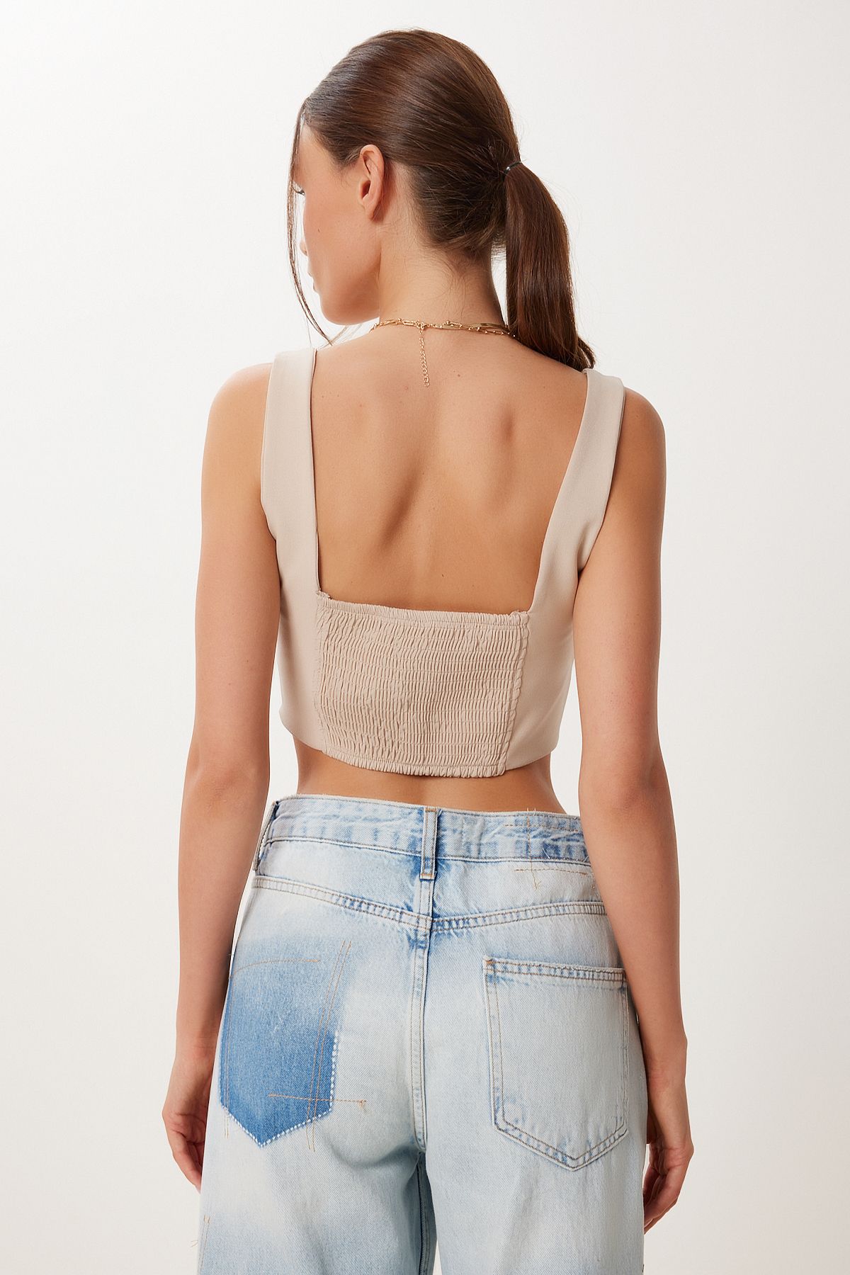 Ekru Krem 2’Li Paket Askılı Crop Dokuma Bluz MX00220