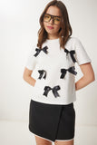 Ekru Fiyonklu Pamuklu Örme T-Shirt CR00453