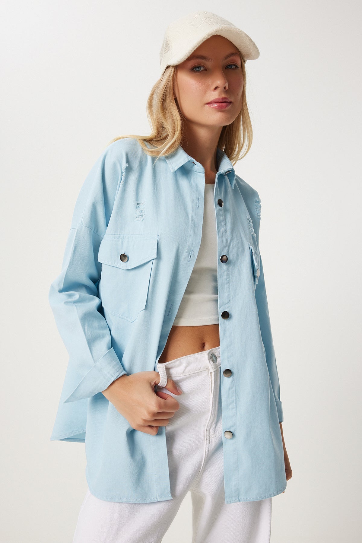 Gök Mavi Cepli Oversize Gabardin Gömlek Ceket DX00017