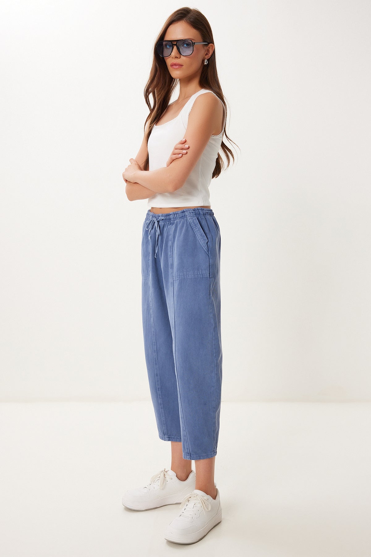 İndigo Mavi Capri Rahat Gabardin Pantolon GP00019