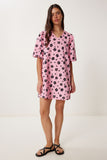 Pembe Siyah Balon Kollu Desenli Poplin Elbise RC00157