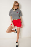 Siyah Çizgili Nakışlı Pamuklu Crop Örme T-Shirt CR00495
