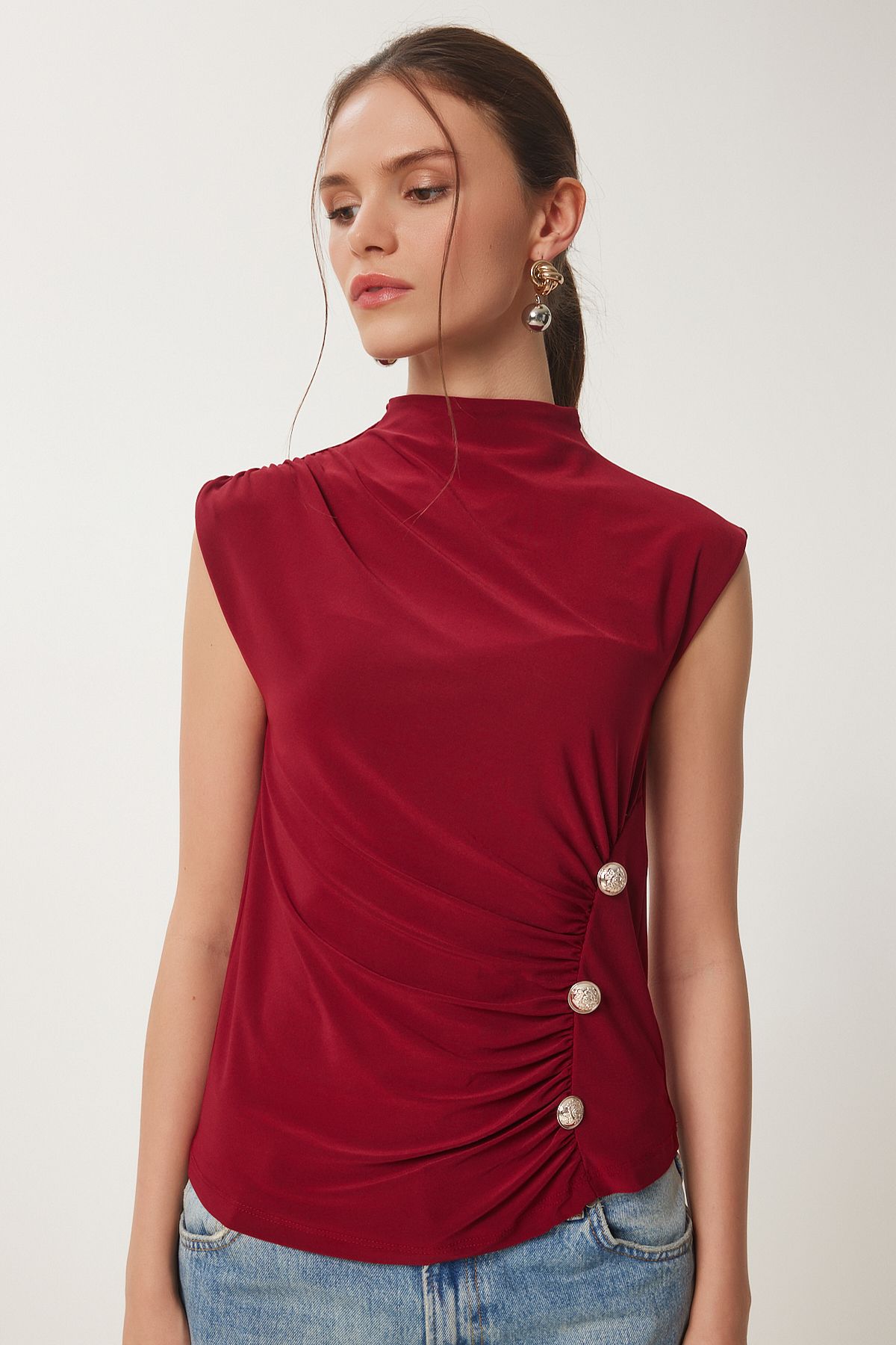 Bordo Drape Detaylı Düğmeli Sandy Bluz RX00057