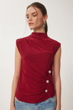 Bordo Drape Detaylı Düğmeli Sandy Bluz RX00057