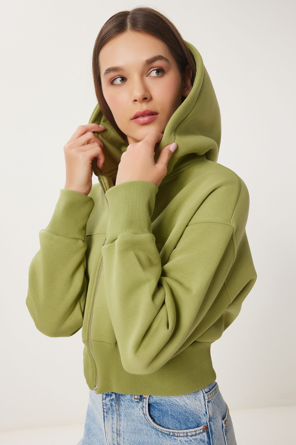 Fıstık Yeşili Kapüşonlu Şardonlu Fermuarlı Sweatshirt OW00051