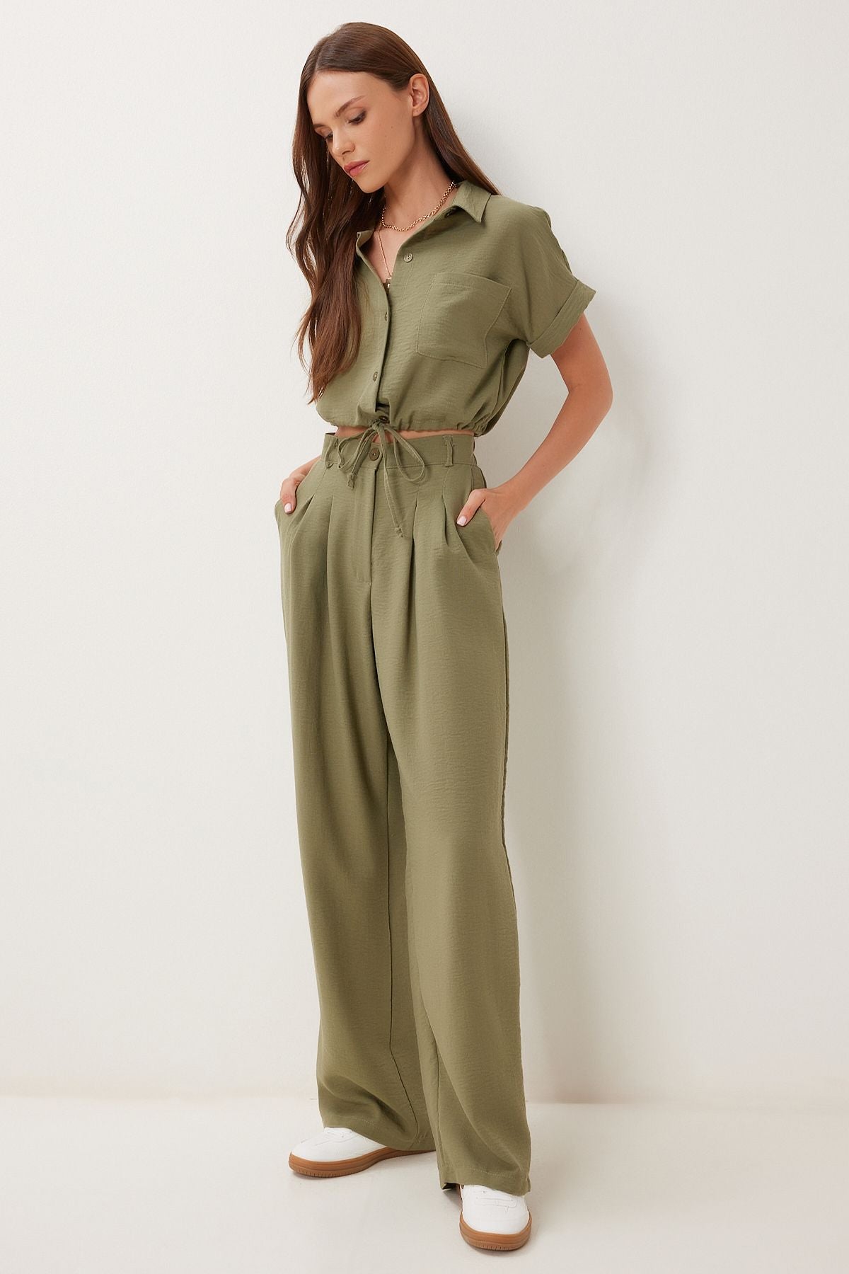 Haki Keten Crop Gömlek Pantolon Takım BV00149