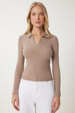 Bej Polo Yaka Fitilli Örme Bluz GT00111