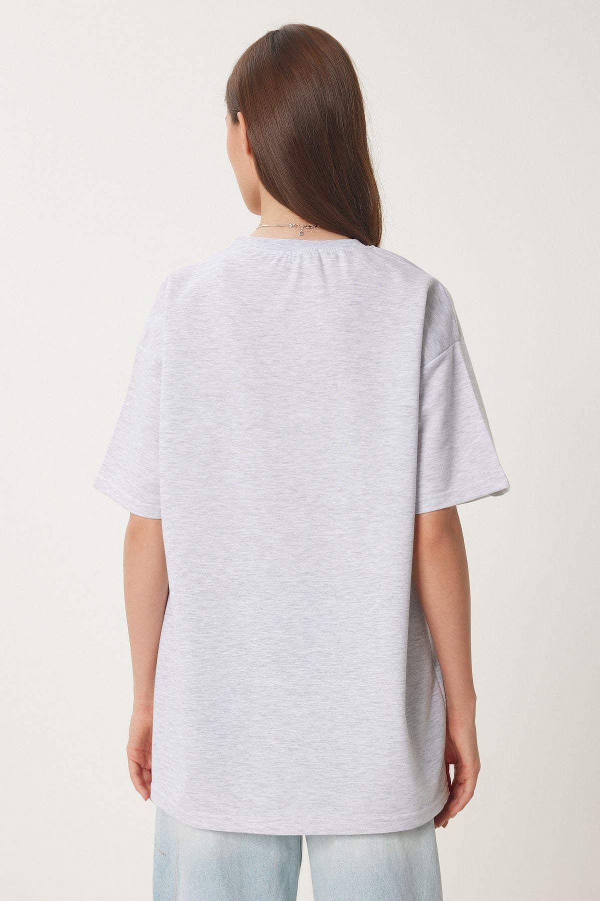 Gri Melanj Kalp Nakışlı Örme T-Shirt ZV00299