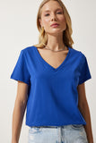 Mavi V Yaka Basic Örme T-Shirt  UB00261