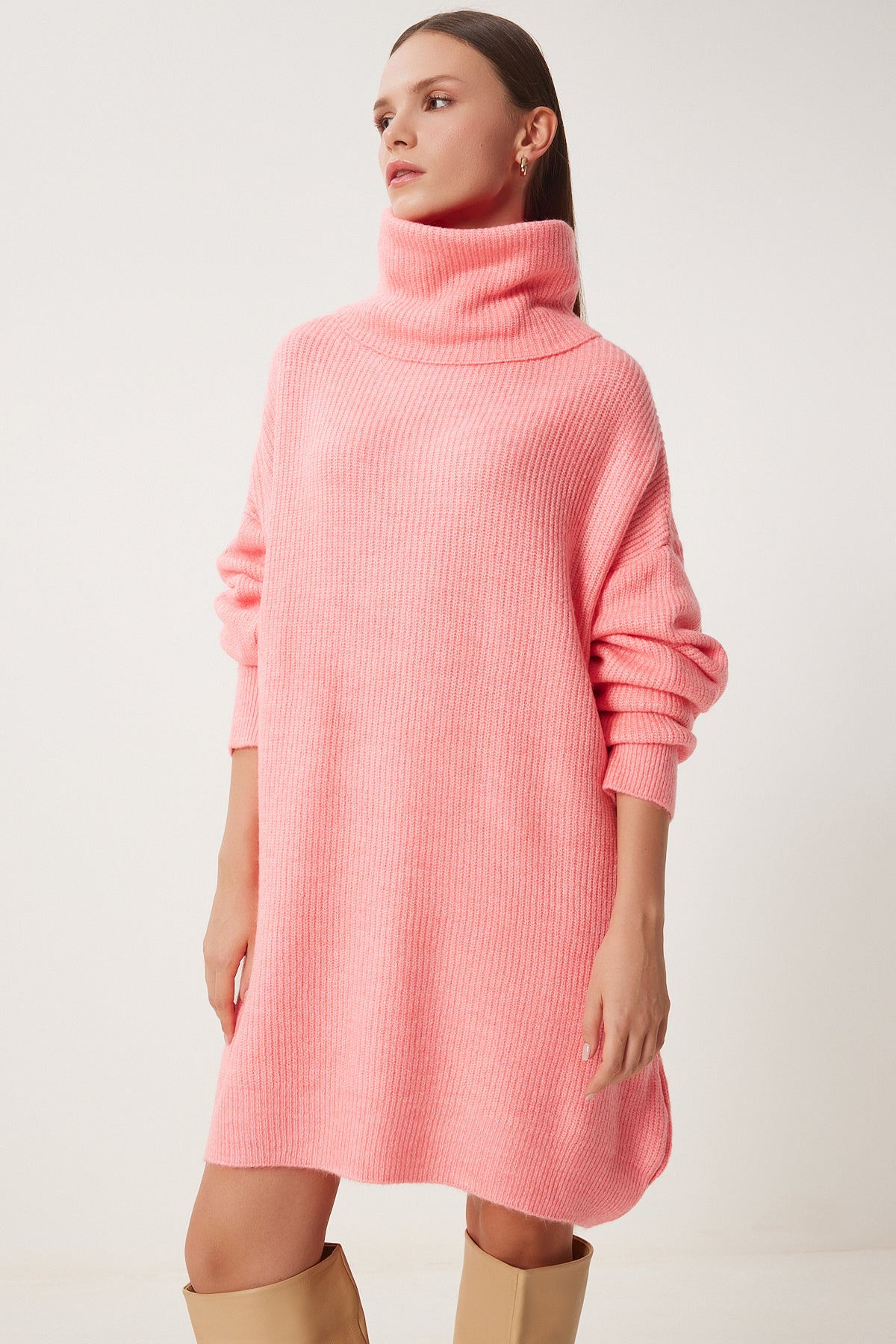 Pembe Balıkçı Yaka Uzun Triko Kazak MX00107