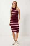 Bordo Çizgili Yazlık Triko Bodycon Elbise NS00442