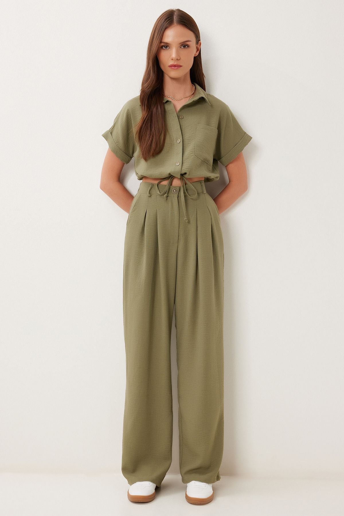 Haki Keten Crop Gömlek Pantolon Takım BV00149