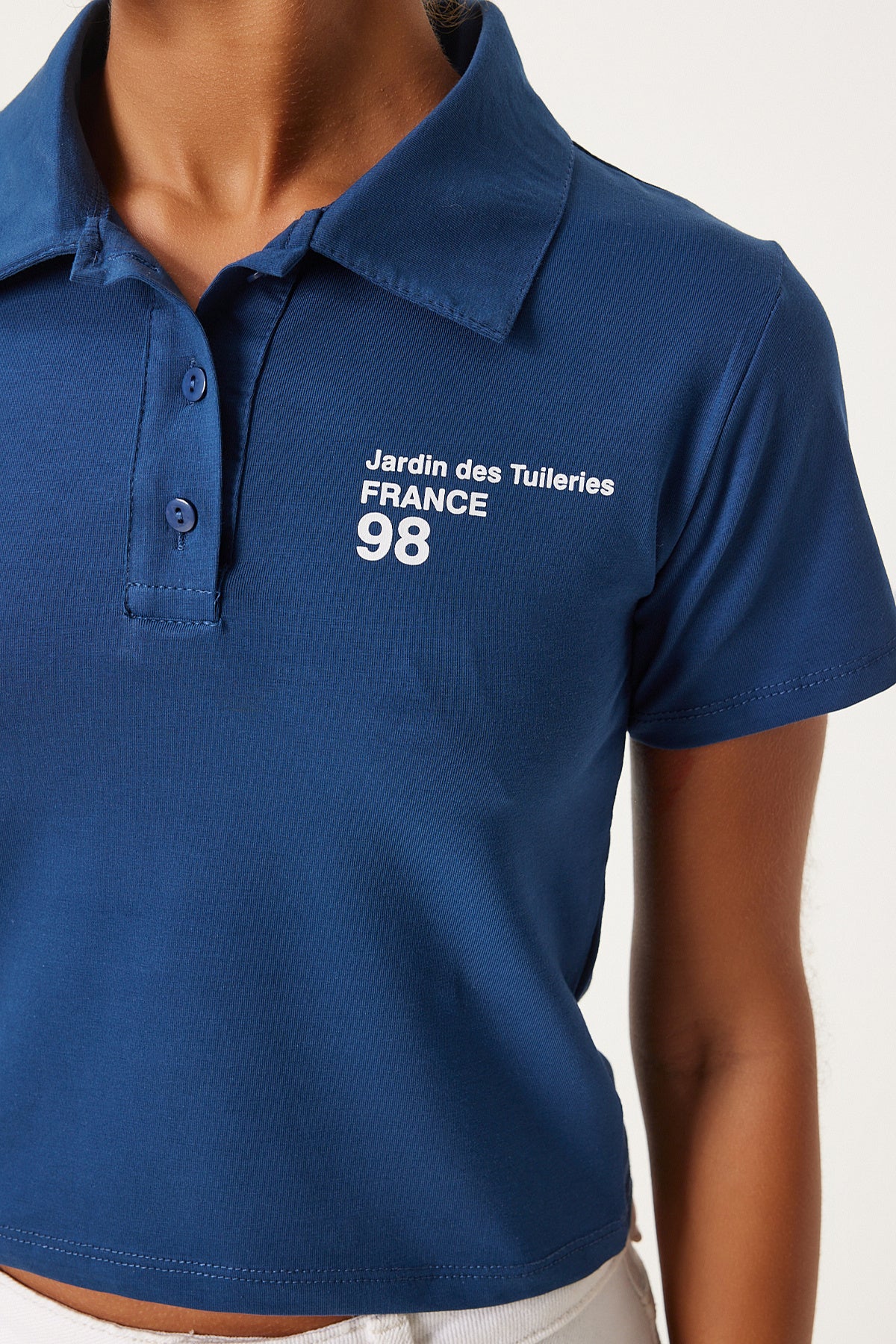 Lacivert Polo Yaka Baskılı Crop Örme T-Shirt AN00205