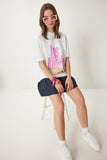 Ekru Baskılı Pamuklu Oversize Örme T-Shirt CR00446