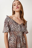 Bej Kahverengi Leopar Desenli Volanlı Midi Elbise TP00069