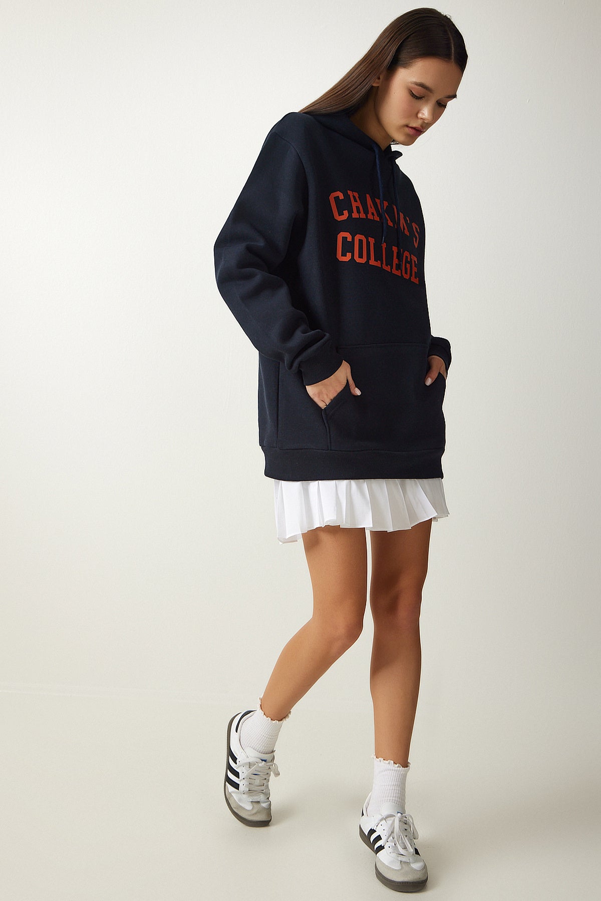 Koyu Lacivert Baskılı Kapüşonlu Şardonlu Sweatshirt OW00012