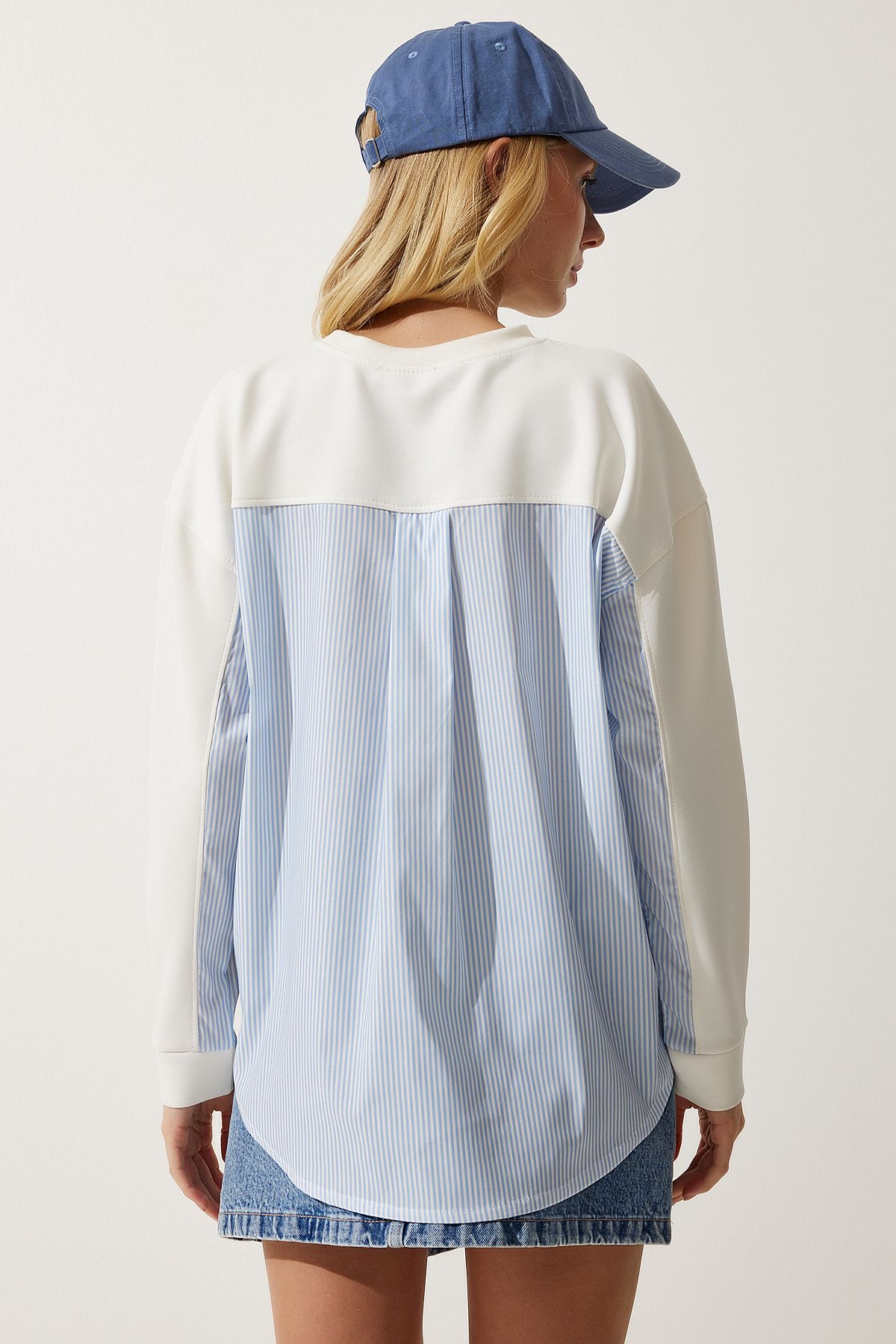 Ekru Mavi Poplin Detaylı Örme Sweatshirt MC00274