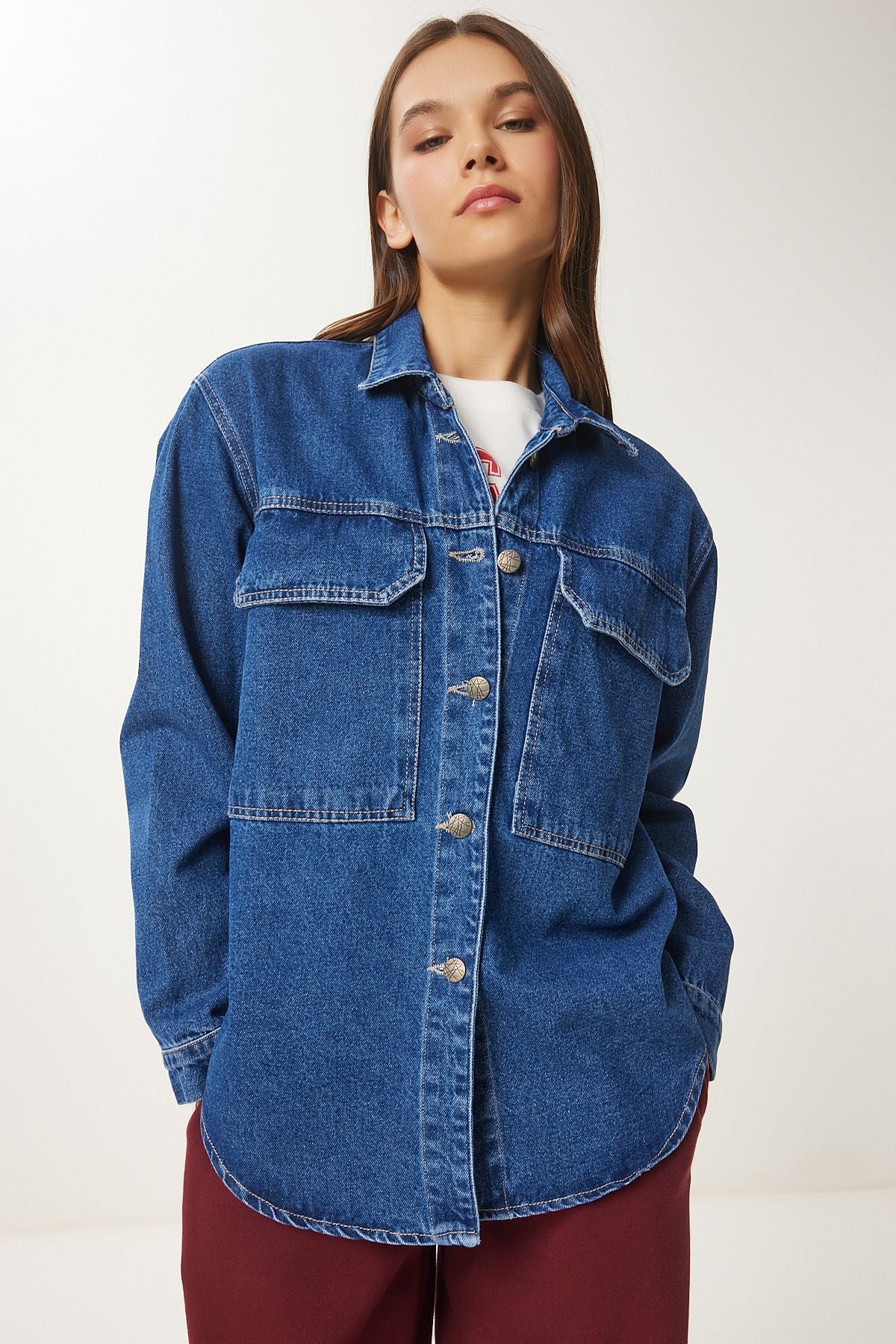 Koyu Mavi Geniş Cepli Oversize Denim Ceket AN00223