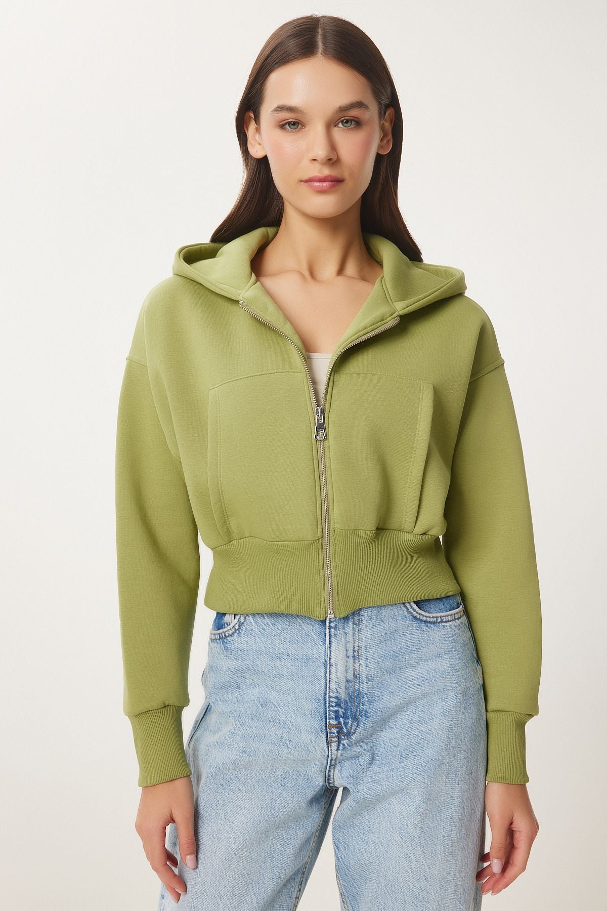 Fıstık Yeşili Kapüşonlu Şardonlu Fermuarlı Sweatshirt OW00051