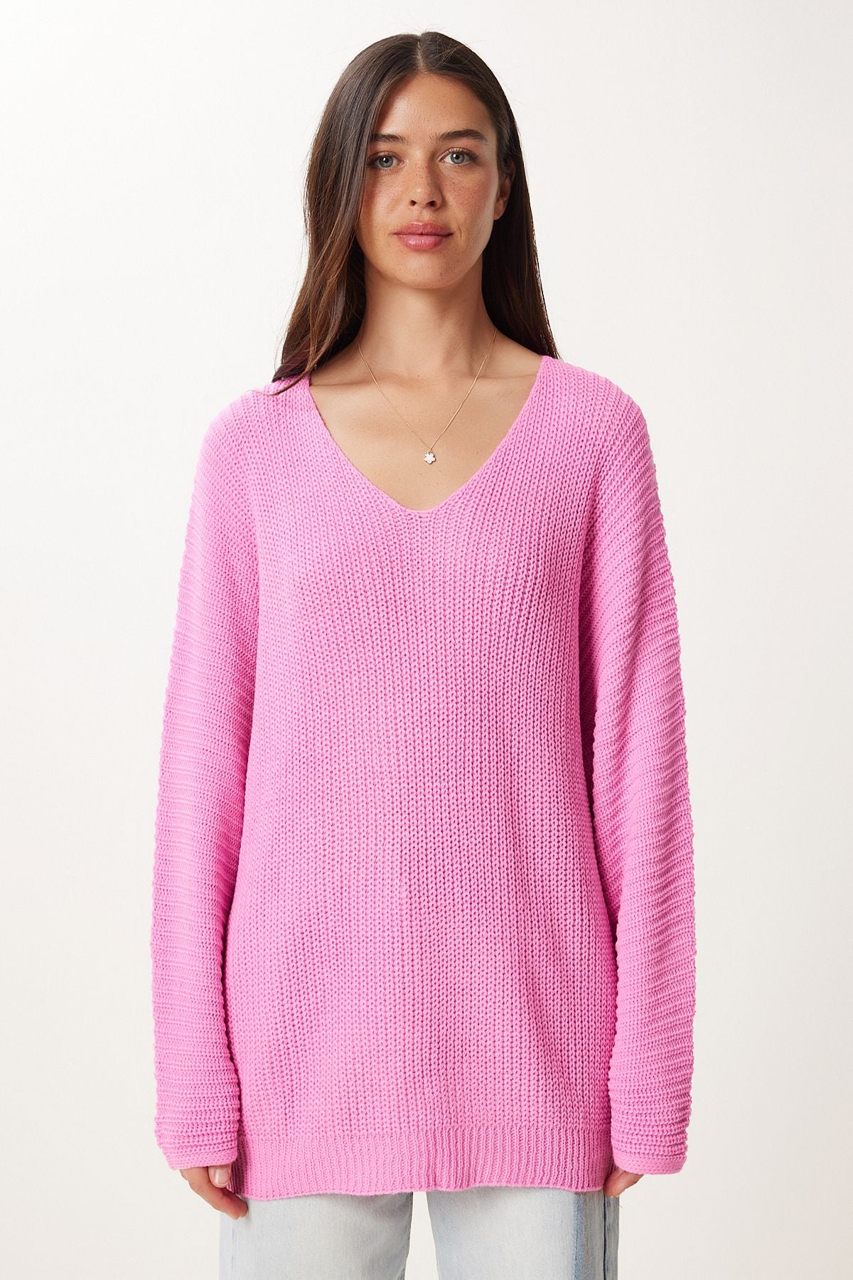 Pembe V Yaka Selanik Örgü Oversize Triko Kazak ZA00059