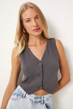 Gri V Yaka Likralı Crop Örme Yelek RV00198